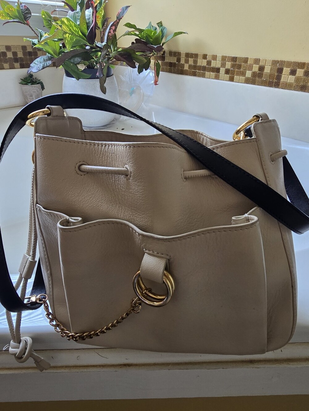 SEE By Chloe Leather Bucket Crossbody Bag in Cream with Gold Hardware $100